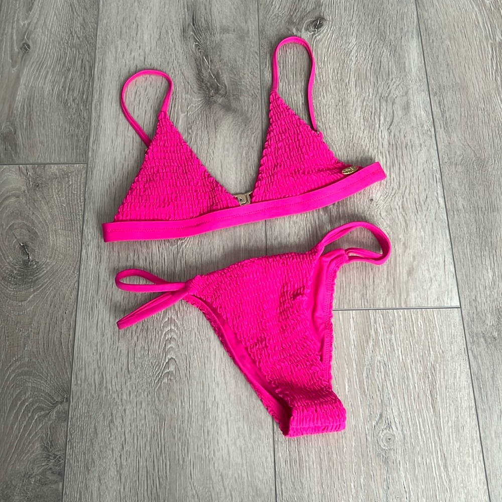 Textured Triangle Bikini Set in Hot Pink